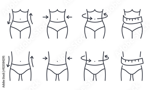Vector icons slimming figure of man and woman. Editable stroke thin line set. Symbol diet sport fitness healthy lifestyle. Slim fit guy girl. Black sign isolated on white background.