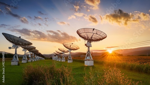 Satellite Dishes in a Field at Sunset