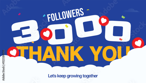 3k followers, subscribers. Three thousand followers and subscribers celebration banner, thank you, social media celebration post with heart icons. 
