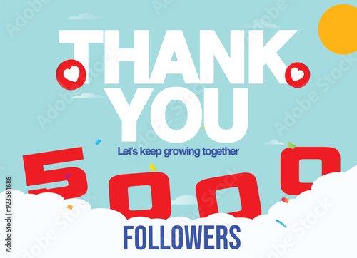 5000 followers, subscribers Thank you banner, post. 5k followers on social media celebration banner with heart icons. Five thousand subscribers. 