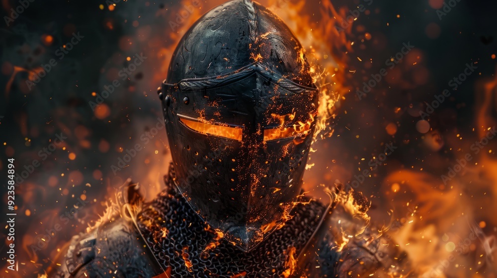 Armored knight surrounded by flames in a dramatic, fiery landscape at twilight Armored knight surrounded by flames in a dramatic, fiery landscape at twilight