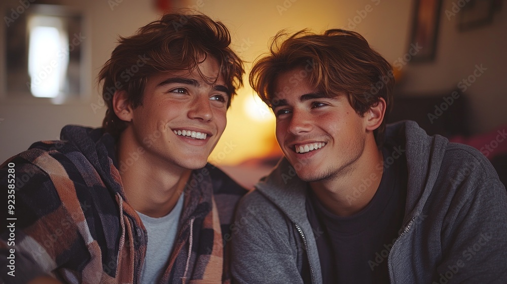 Two friends share laughter and camaraderie in a cozy room illuminated by soft, warm light, creating a joyful atmosphere Two friends share laughter and camaraderie in a cozy room illuminated by soft, warm light, creating a joyful atmosphere