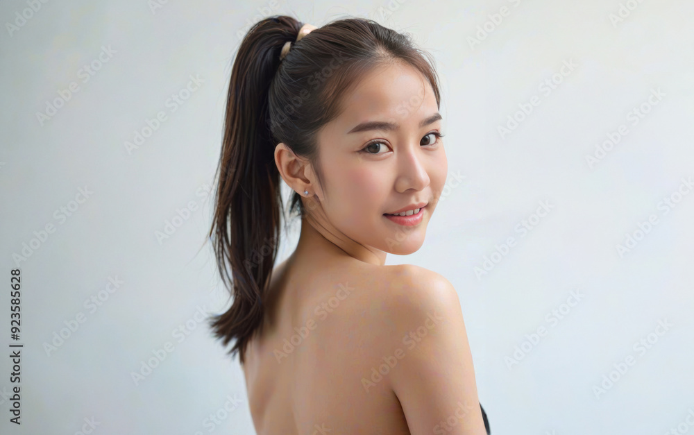 young Asian woman with clean skin and flowing hair, embodying beauty and skincare ideals. young Asian woman with clean skin and flowing hair, embodying beauty and skincare ideals.