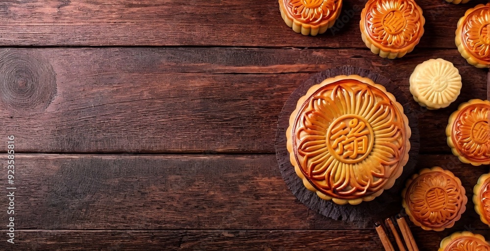 Top view, Chinese mooncake on a wooden background with copy space. Top view, Chinese mooncake on a wooden background with copy space.