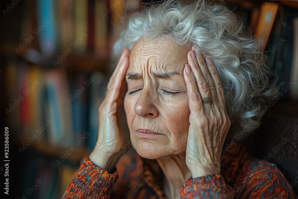 Elderly woman have eyesight problem can not read because seeing text ...