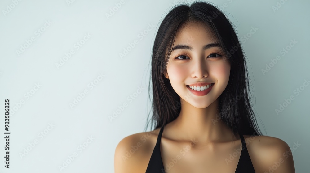 young Asian woman with clean skin and flowing hair, embodying beauty and skincare ideals. young Asian woman with clean skin and flowing hair, embodying beauty and skincare ideals.