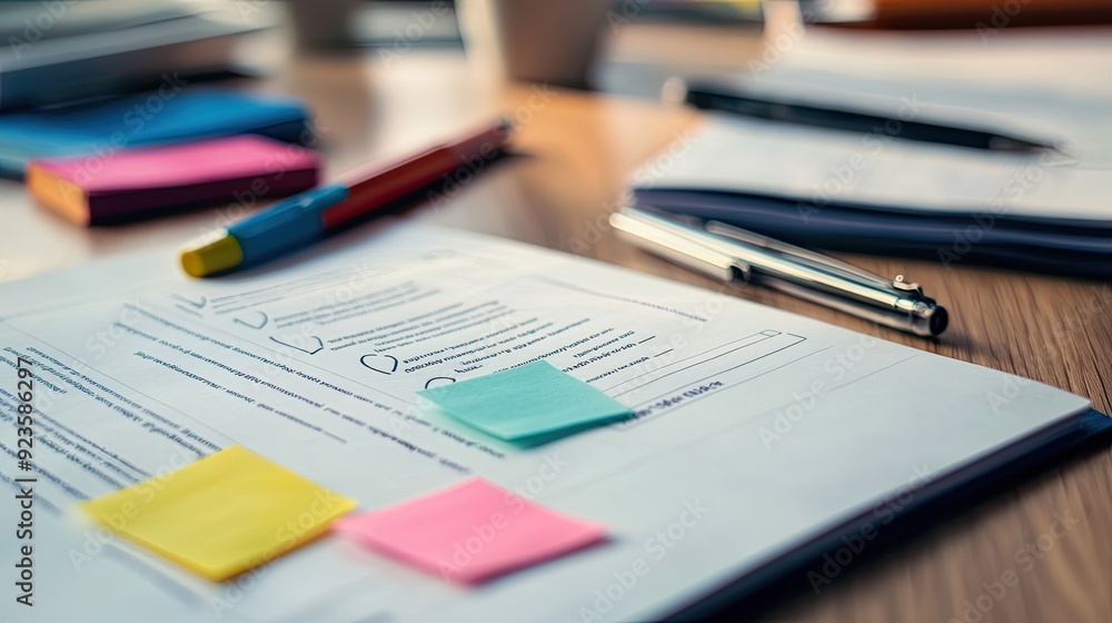 An open document file with important paperwork, highlighted with sticky notes and pens. An open document file with important paperwork, highlighted with sticky notes and pens.
