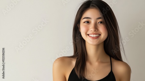 young Asian woman with clean skin and flowing hair, embodying beauty and skincare ideals.