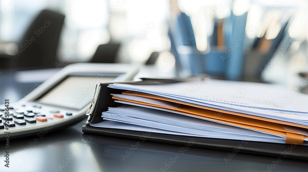 An open file folder with financial documents and a calculator on a professional desk. An open file folder with financial documents and a calculator on a professional desk.