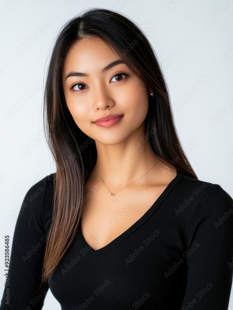young Asian woman with clean skin and flowing hair, embodying beauty and skincare ideals. young Asian woman with clean skin and flowing hair, embodying beauty and skincare ideals.