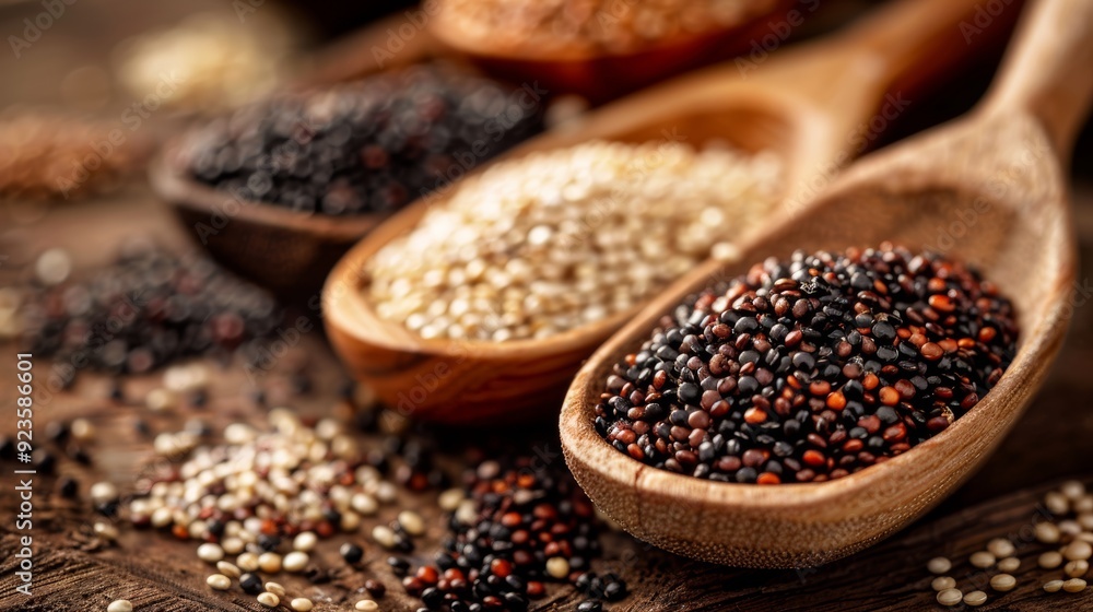 Red, black and white quinoa seeds in wooden spoon, healthy food background Red, black and white quinoa seeds in wooden spoon, healthy food background