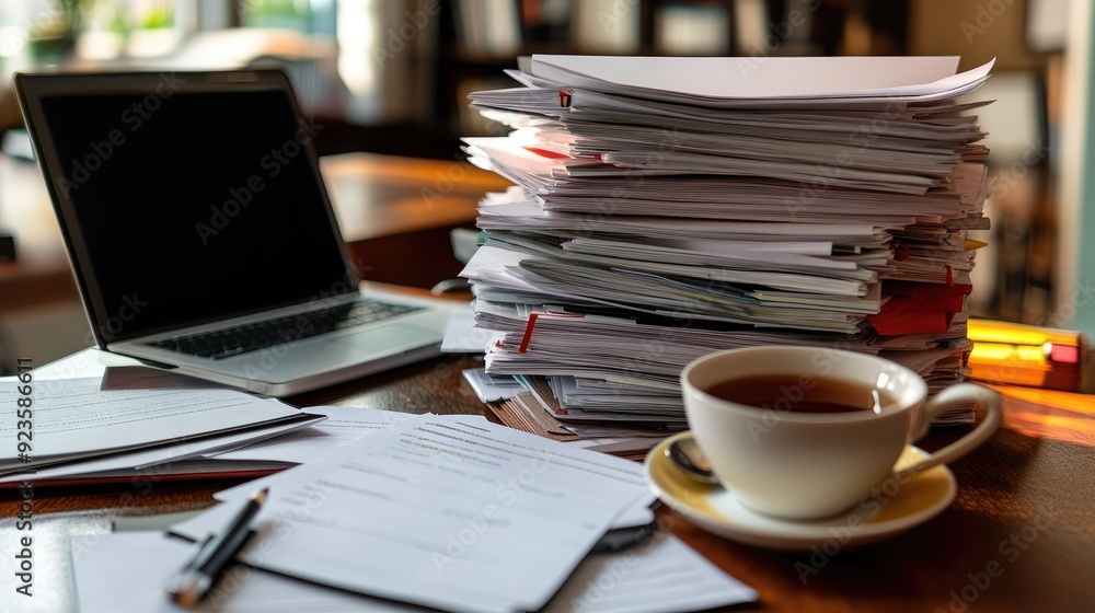 An organized desk with neatly piled document files, a laptop, and a cup of tea. An organized desk with neatly piled document files, a laptop, and a cup of tea.