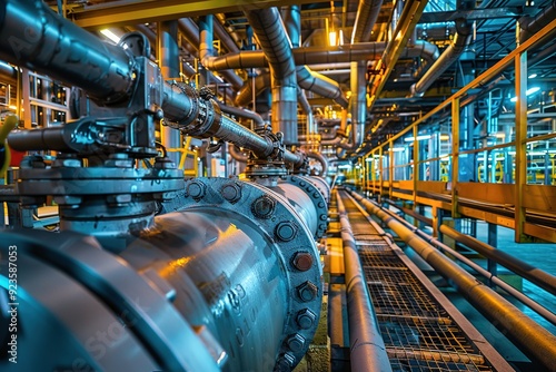 Industrial pipes and valves inside a modern facility, showcasing complex engineering and metallic infrastructure