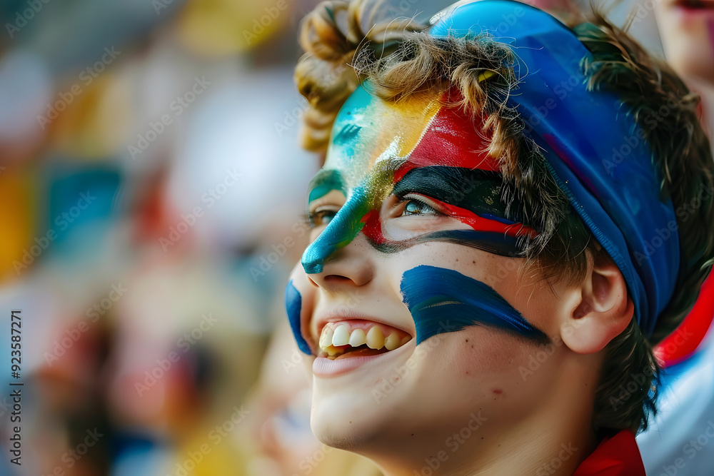Young sports fan with face painted cheering during sports game at stadium Young sports fan with face painted cheering during sports game at stadium