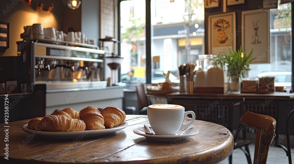 A charming coffee shop interior with a table set for breakfast, featuring coffee, croissants, and artisanal bread. A charming coffee shop interior with a table set for breakfast, featuring coffee, croissants, and artisanal bread.