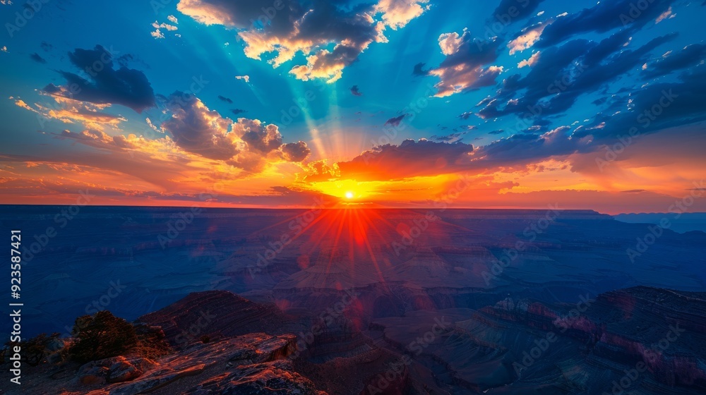 Fototapeta premium Scenic sunset over the Grand Canyon with vibrant colors and distant rock formations
