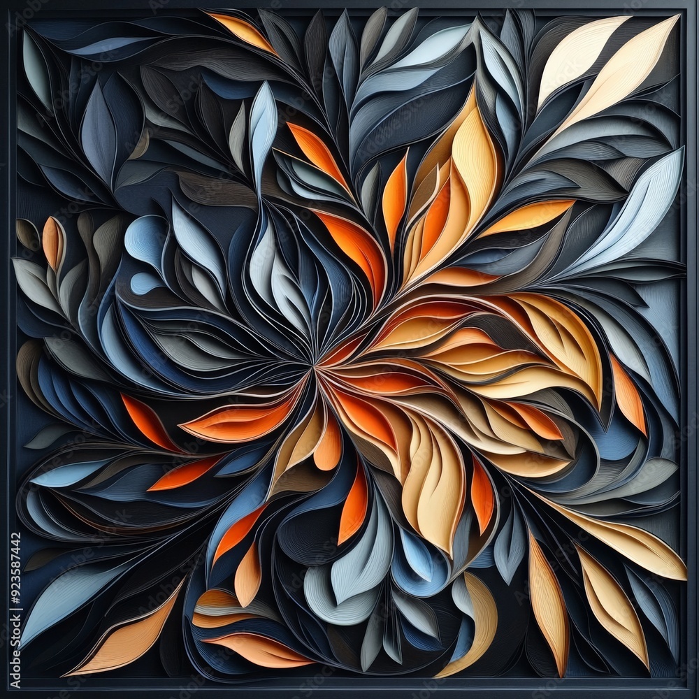 Intricate abstract floral pattern with vibrant orange, blue, and gray hues in a mesmerizing, detailed design. Intricate abstract floral pattern with vibrant orange, blue, and gray hues in a mesmerizing, detailed design.