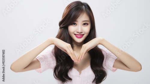 A Korean girl model with long hair smiles brightly while making a heart shape with her hands in a well-lit studio