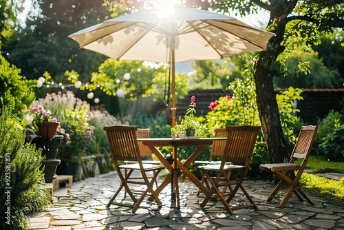 Fototapeta Naklejka Na Ścianę i Meble -  Beautiful garden patio with white wicker furniture, umbrella, and vibrant flowers in full bloom
