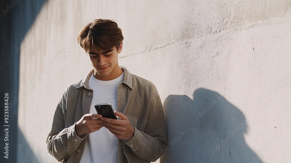 Fototapeta premium Young Man Using Smartphone Against Wall