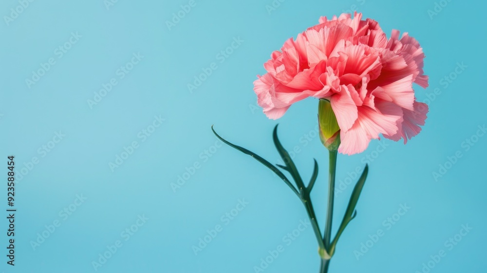 Close up of pink carnation against blue backdrop Close up of pink carnation against blue backdrop