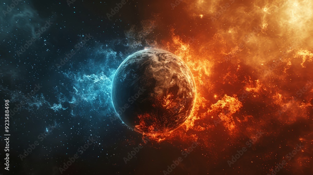 Naklejka premium Earth surrounded by blue ice and red fire cosmic elements in a simulated galaxy