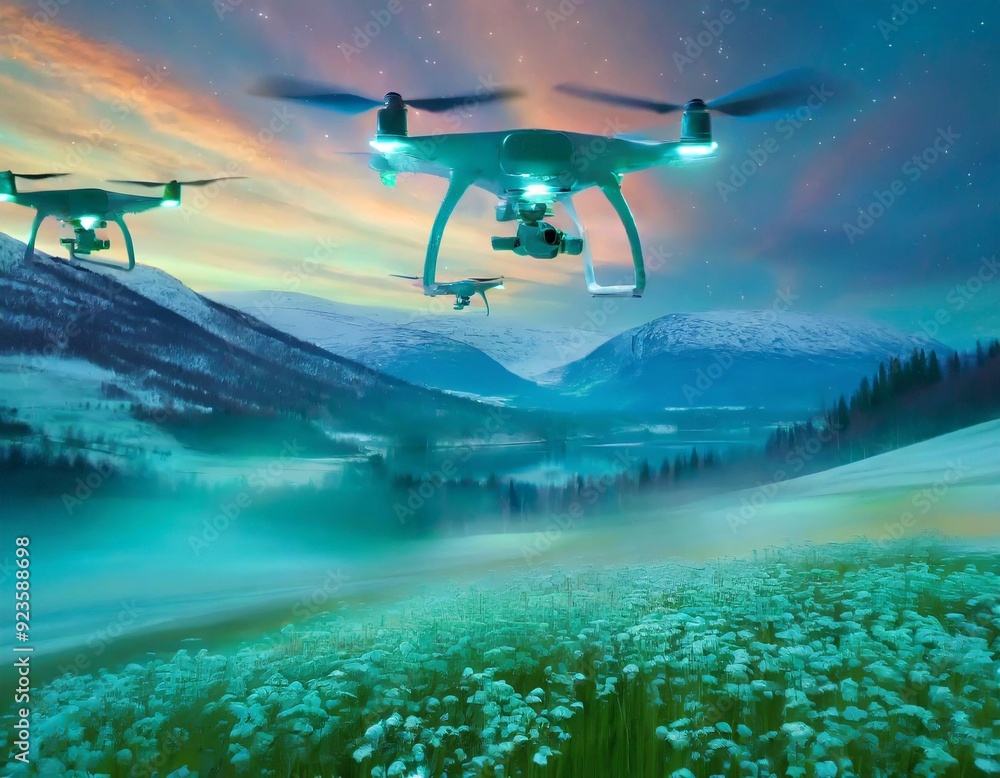Fototapeta premium 날아다니는 드론과 오로라. 생성형AI.