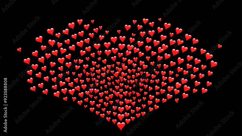 A dynamic cascade of glowing red hearts spreading outward from a central point on a dark background, symbolizing the spread of love, warmth, and connection A dynamic cascade of glowing red hearts spreading outward from a central point on a dark background, symbolizing the spread of love, warmth, and connection
