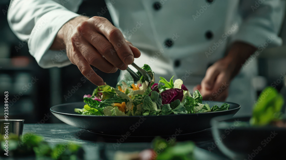 A chef tossing a salad with expertise, highlighting the dedication to freshness and quality. A chef tossing a salad with expertise, highlighting the dedication to freshness and quality.