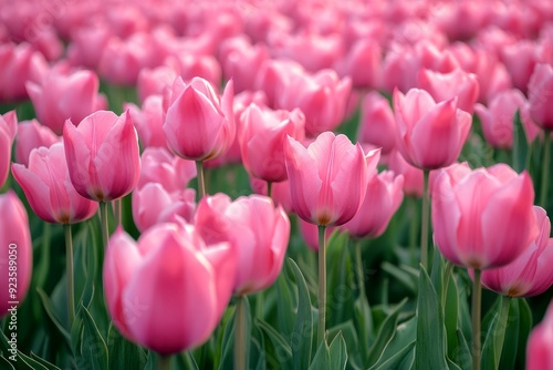 Landscape of Dutch Pink Tulips in the Netherlands on a Sunny Day., generative ai