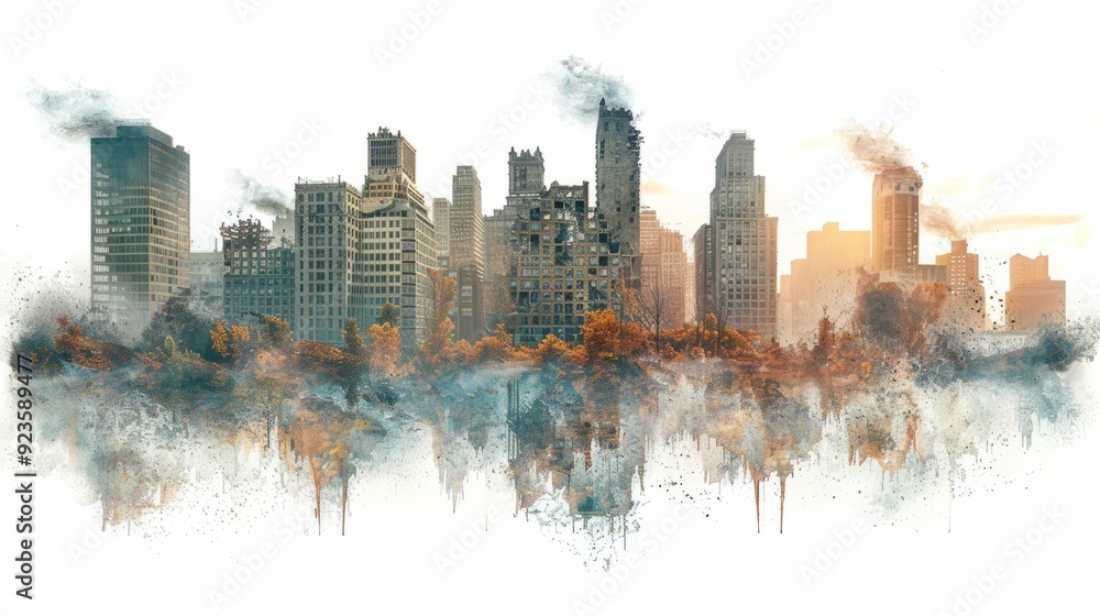 Obraz premium Post-apocalyptic urban landscape with crumbling buildings and fading city life at sunset