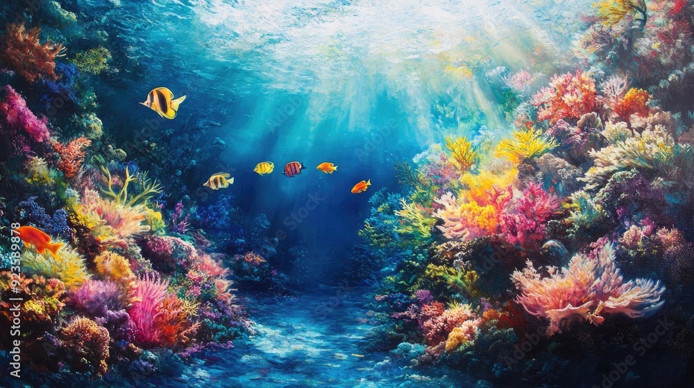 Obraz premium A mesmerizing underwater scene with vibrant coral reefs and exotic fish, ideal for ocean lovers.