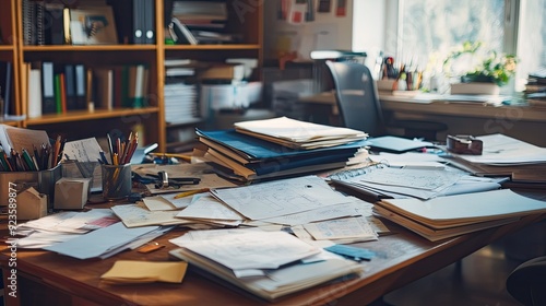 vA messy table with scattered document files, papers, and office supplies in a home office.