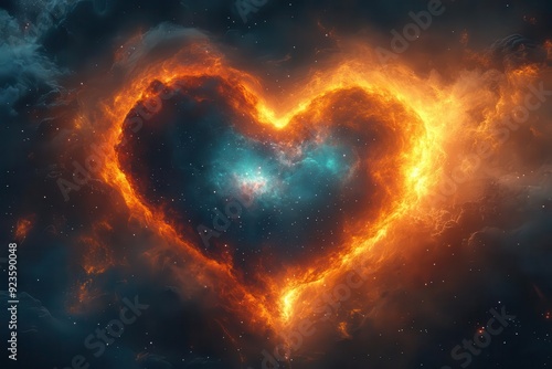 cosmic heart engulfed in swirling nebula pulsating energy tendrils galaxies within arteries emotional color spectrum surreal space background metaphysical symbolism