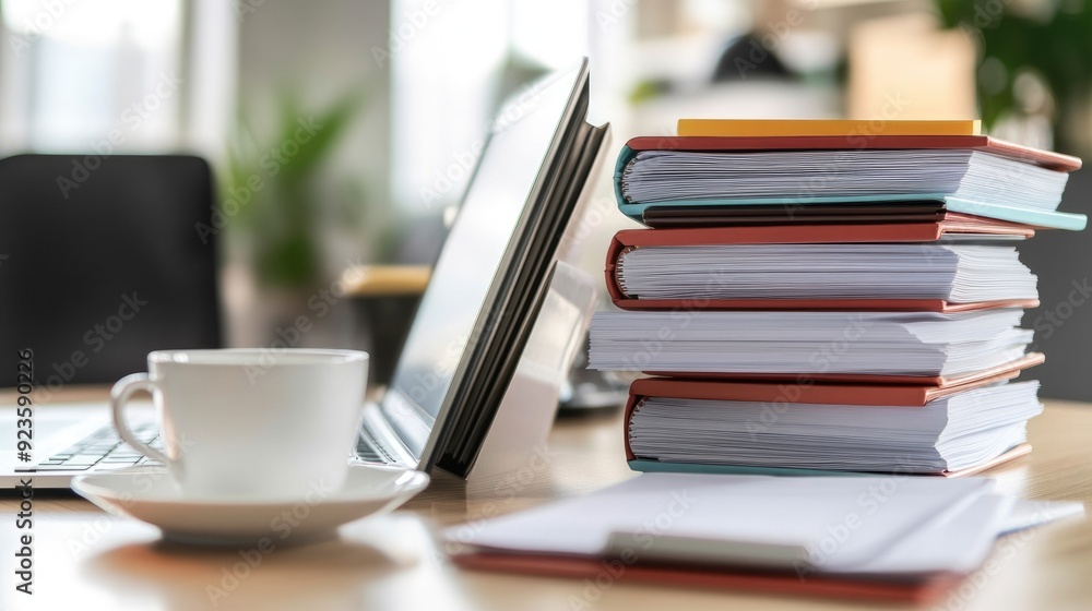 A modern office table with neatly stacked document files, a laptop, and a cup of tea. A modern office table with neatly stacked document files, a laptop, and a cup of tea.