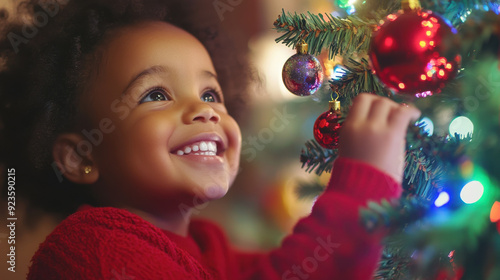 A child adding a special touch to a Christmas tree by hanging a unique ornament, surrounded by bright lights and decor.