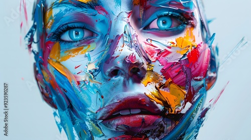 Portrait of a person with a painted face and mask featuring colorful art and design elements photo