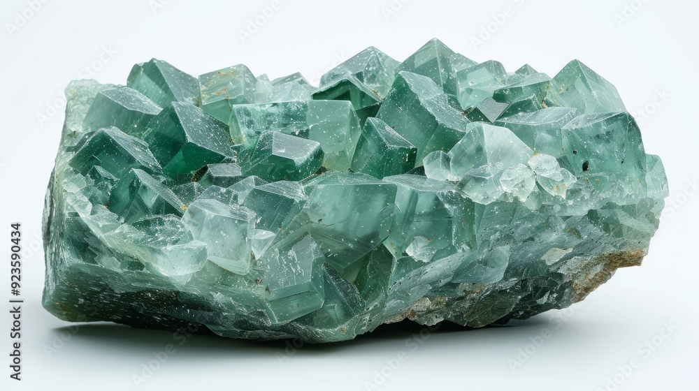 Green fluorite crystal cluster with sharp edges and translucent facets on a plain background Green fluorite crystal cluster with sharp edges and translucent facets on a plain background