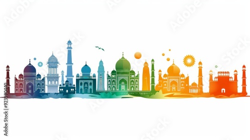 Vibrant Illustration Celebrating India's Independence Day with Iconic Landmarks in Rainbow Colors