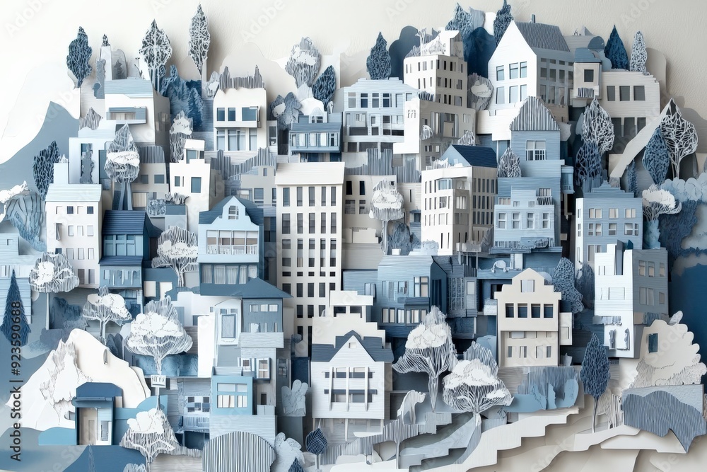Fototapeta premium Intricate paper craft art of a miniature cityscape showcasing detailed buildings and trees in shades of blue and white.