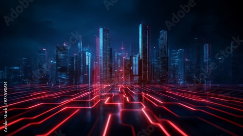 Cyber City: A mesmerizing cityscape bathed in neon hues, with glowing red circuits radiating across the ground. The towering skyscrapers symbolize progress and innovation, creating a futuristic and ot