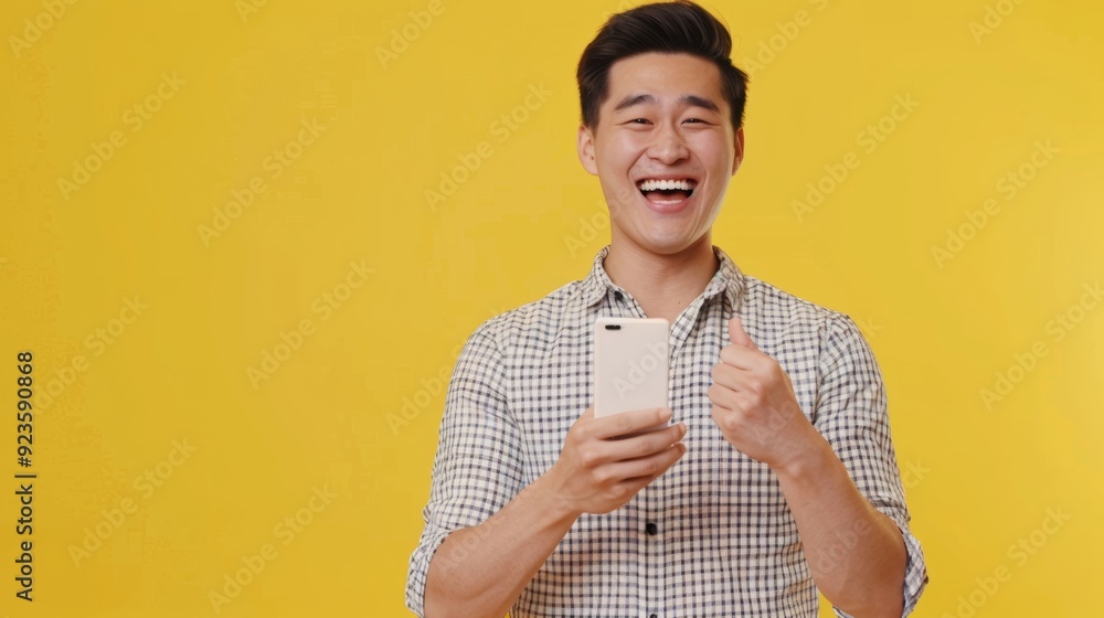 Handsome smiling Asian man in white plaid shirt showing mobile phone screen for advertisement and celebrating success, isolated on yellow background. People lifestyle concept.