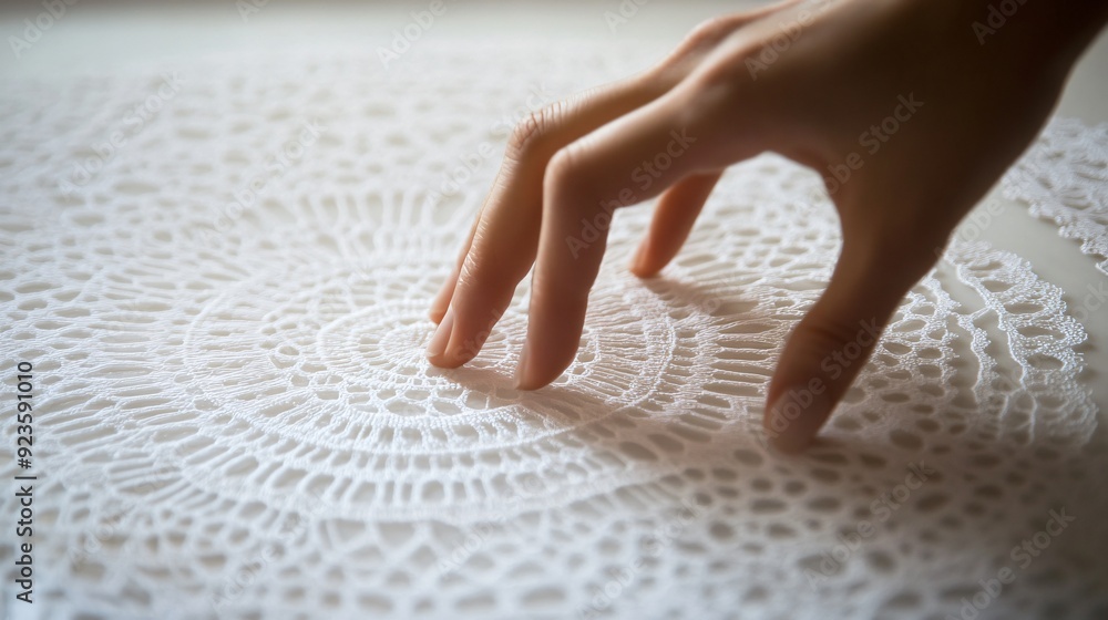 Hand Gently Touching White Delicate Lace Doily on Clean Surface Hand Gently Touching White Delicate Lace Doily on Clean Surface