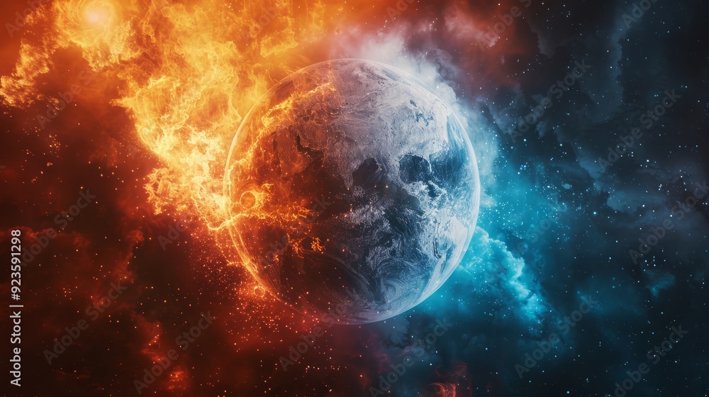 Earth engulfed in flames and ice amid a cosmic backdrop in deep space Earth engulfed in flames and ice amid a cosmic backdrop in deep space
