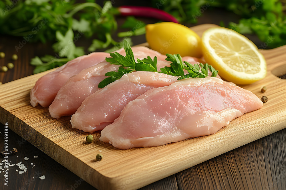 Raw chicken meat cutting on a wooden board commercial advertising photo Raw chicken meat cutting on a wooden board commercial advertising photo