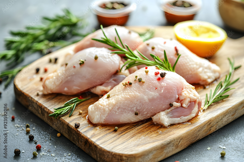 Raw chicken meat cutting on a wooden board commercial advertising photo Raw chicken meat cutting on a wooden board commercial advertising photo