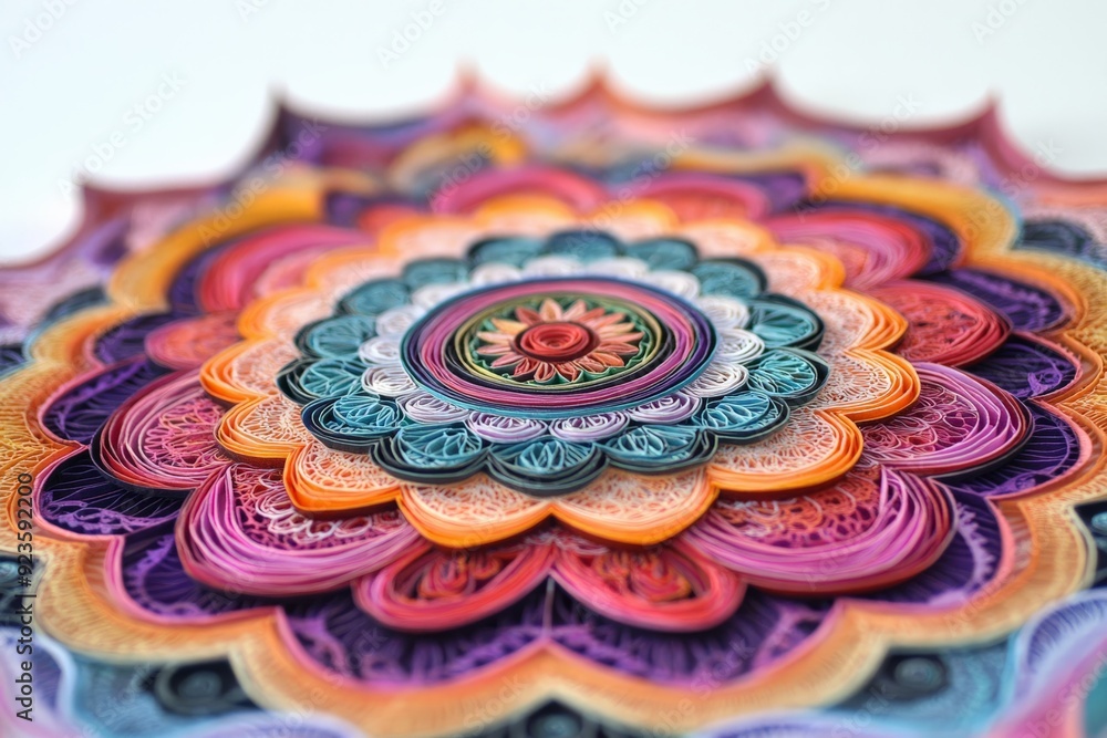 Intricate paper quilling design featuring vibrant colors and intricate patterns, showcasing artistic craftsmanship and creativity in close-up view. Intricate paper quilling design featuring vibrant colors and intricate patterns, showcasing artistic craftsmanship and creativity in close-up view.