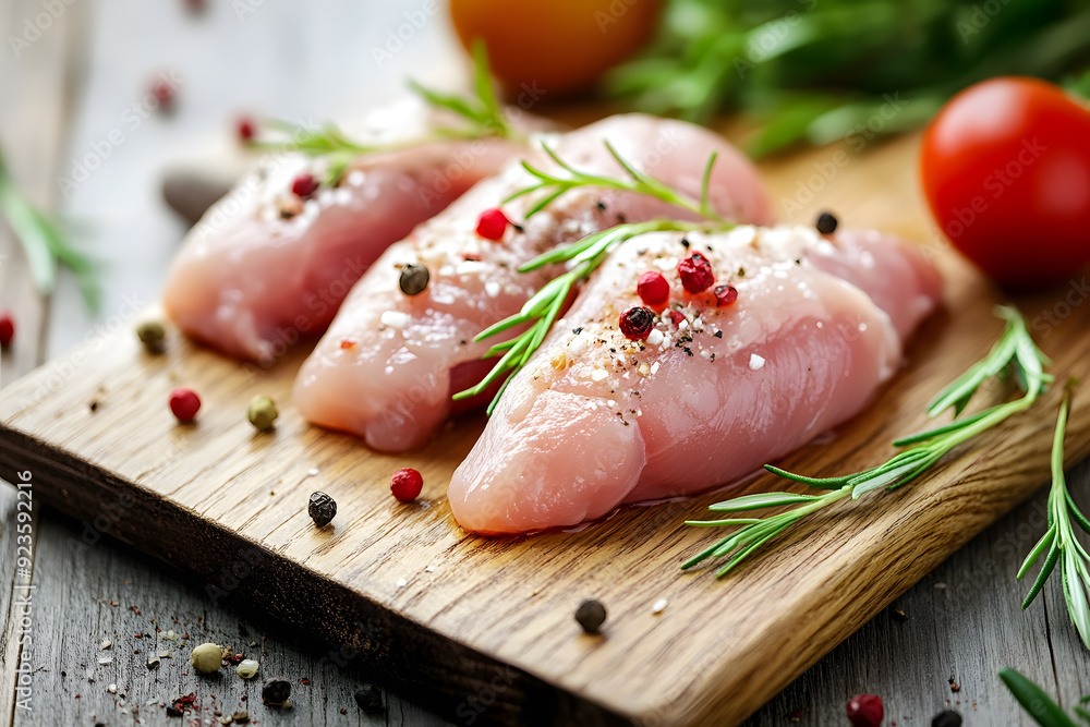 Raw chicken meat cutting on a wooden board commercial advertising photo Raw chicken meat cutting on a wooden board commercial advertising photo