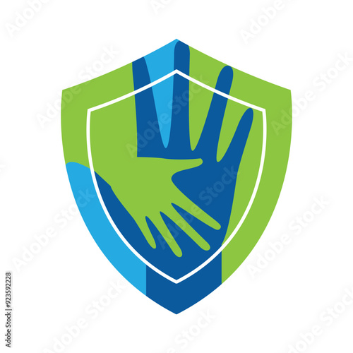 This is a simple flat logo of a hand trying to reach another hand to help inside a shield shape