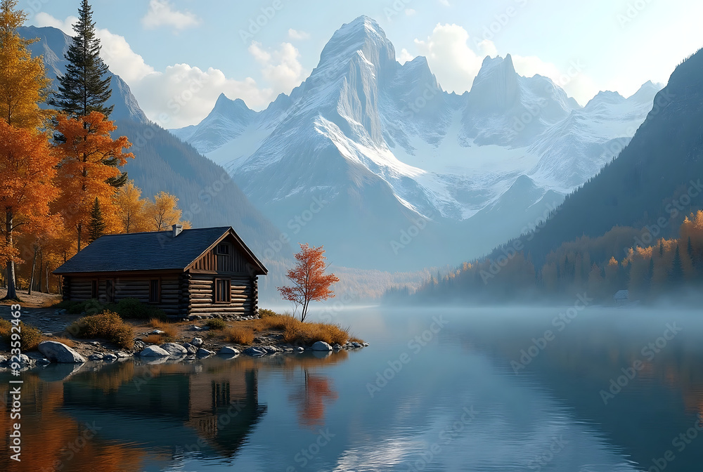 Fototapeta premium Serene Mountain Landscape in Autumn with Cabin by Calm Lake